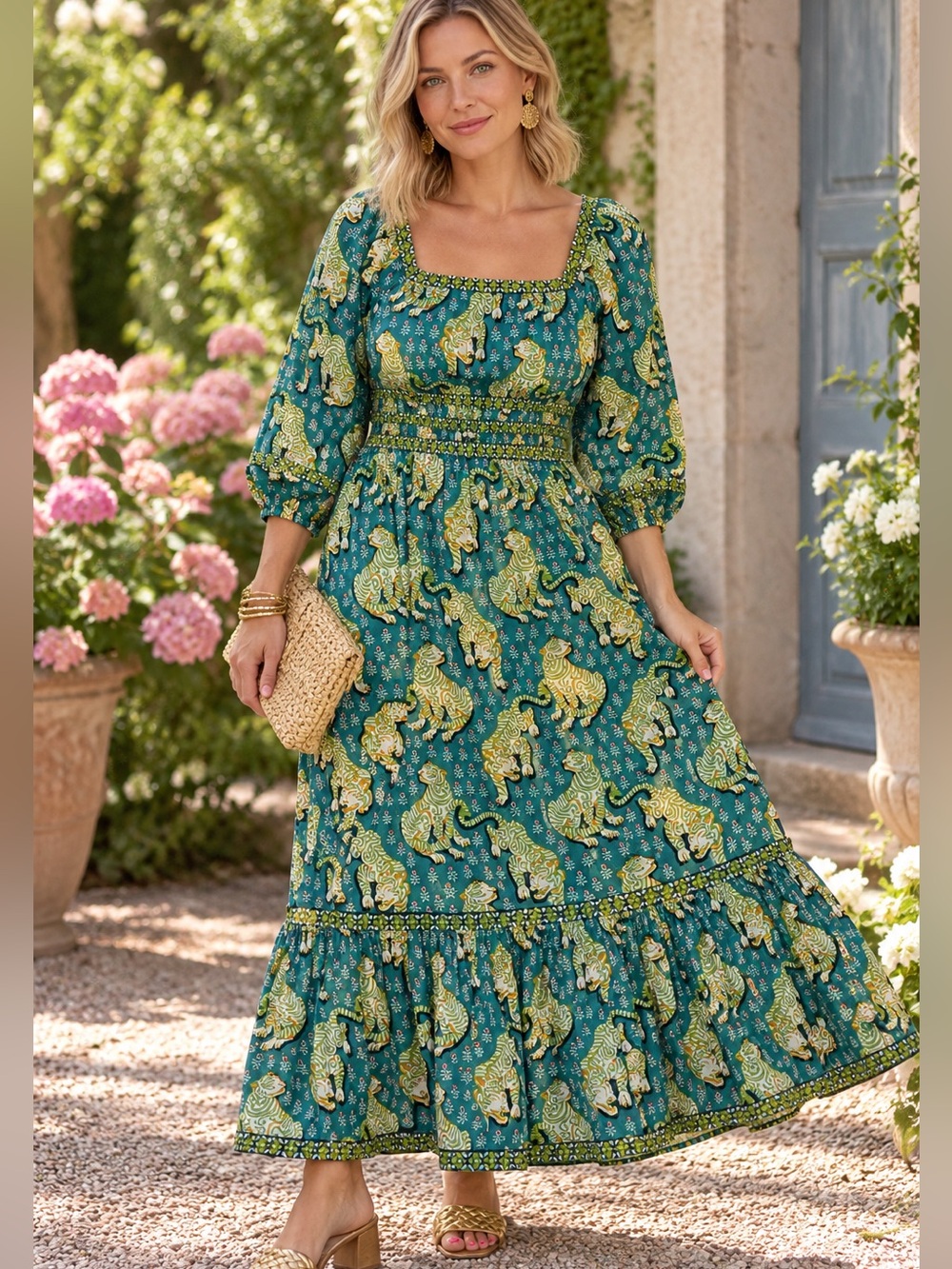 Printfresh Tiger Queen Teal Green Maxi Dress Smocked Waist Size XL